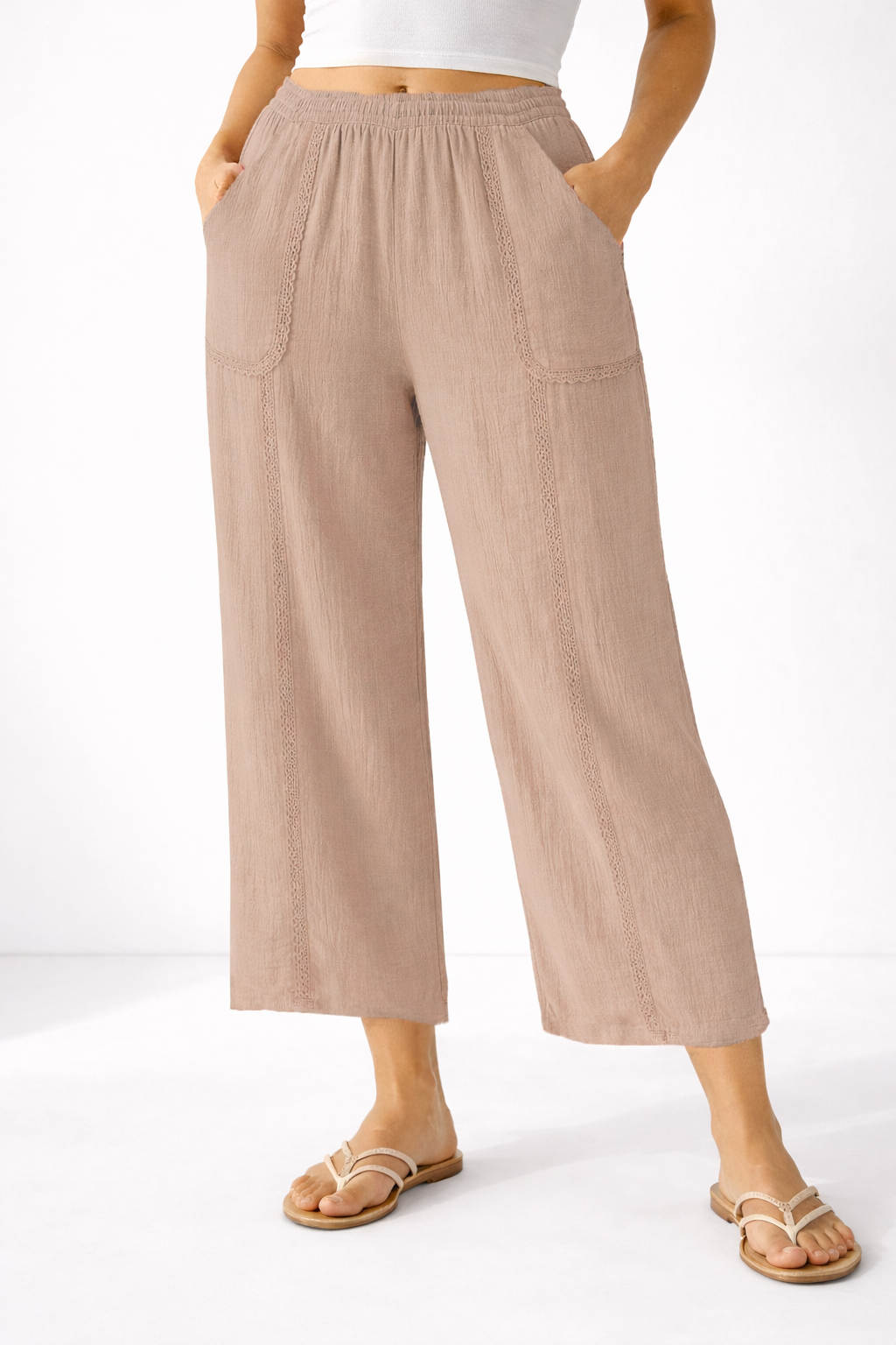 Cotton Gauze Cropped Wide Leg Pant with Crochet Lace Trim