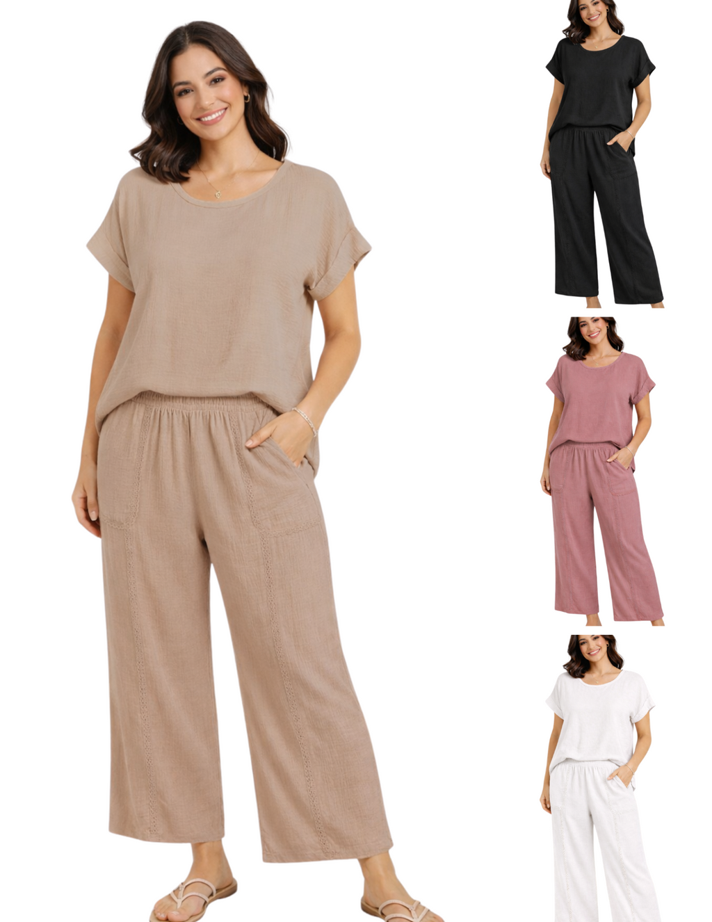 Cotton Gauze Cropped Wide Leg Pant with Crochet Lace Trim