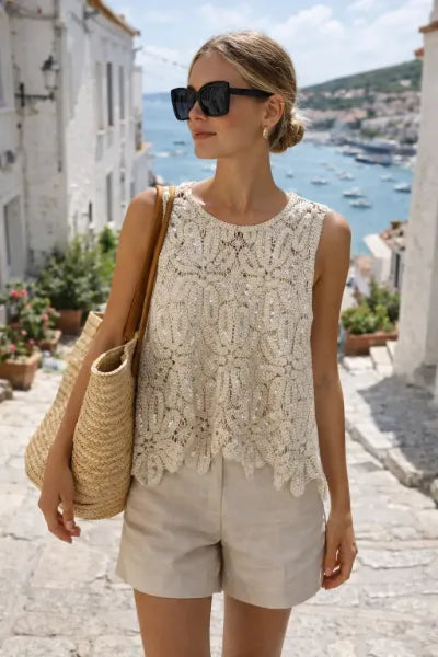 Sequin Crochet Crew Neck Tank Top