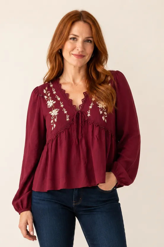 Embroidered Crochet Lace Trim Blouse
