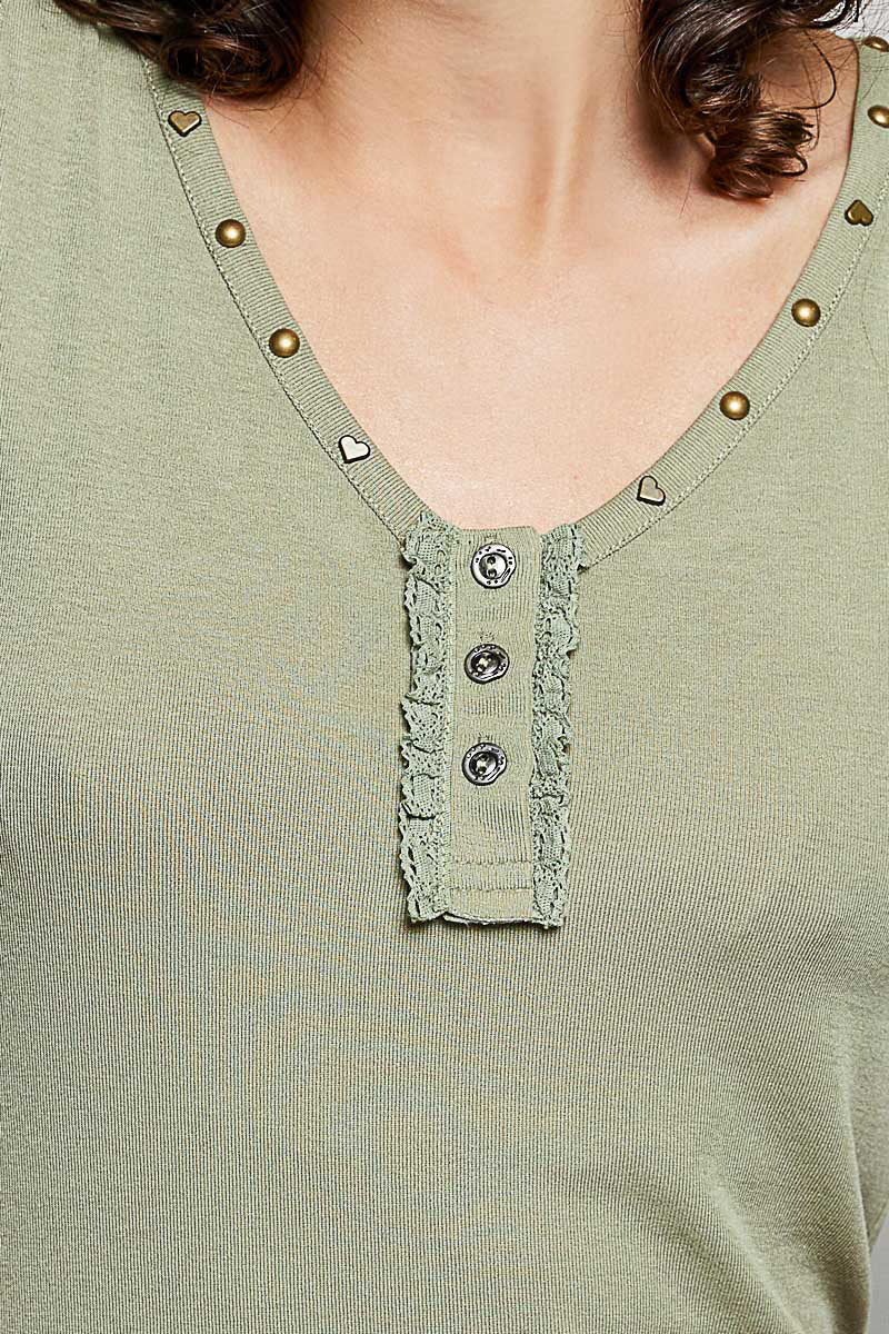 POL Studded V-Neck Lace Trim Tank