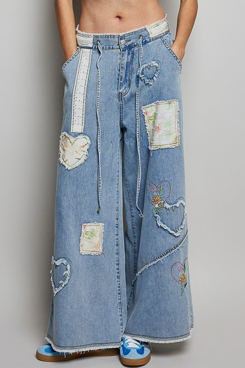 POL Wide Leg Patch Denim Jeans