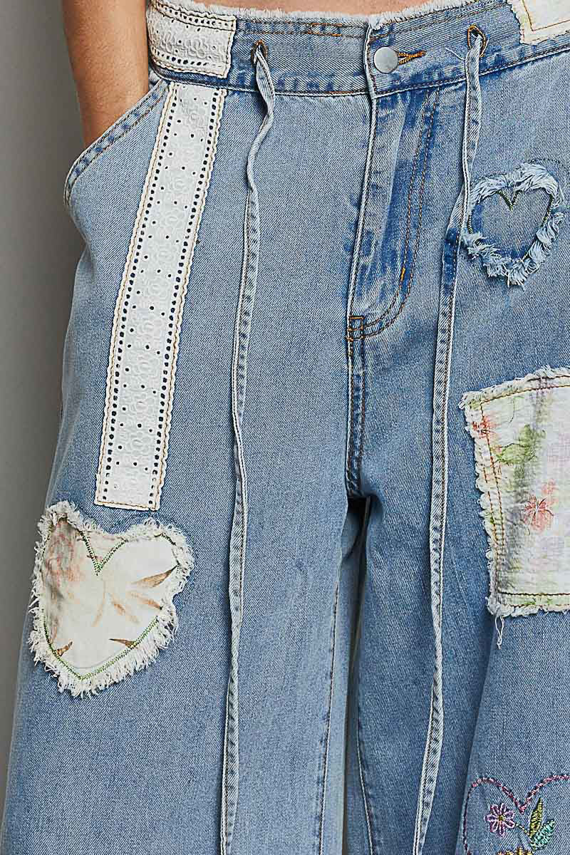 POL Wide Leg Patch Denim Jeans