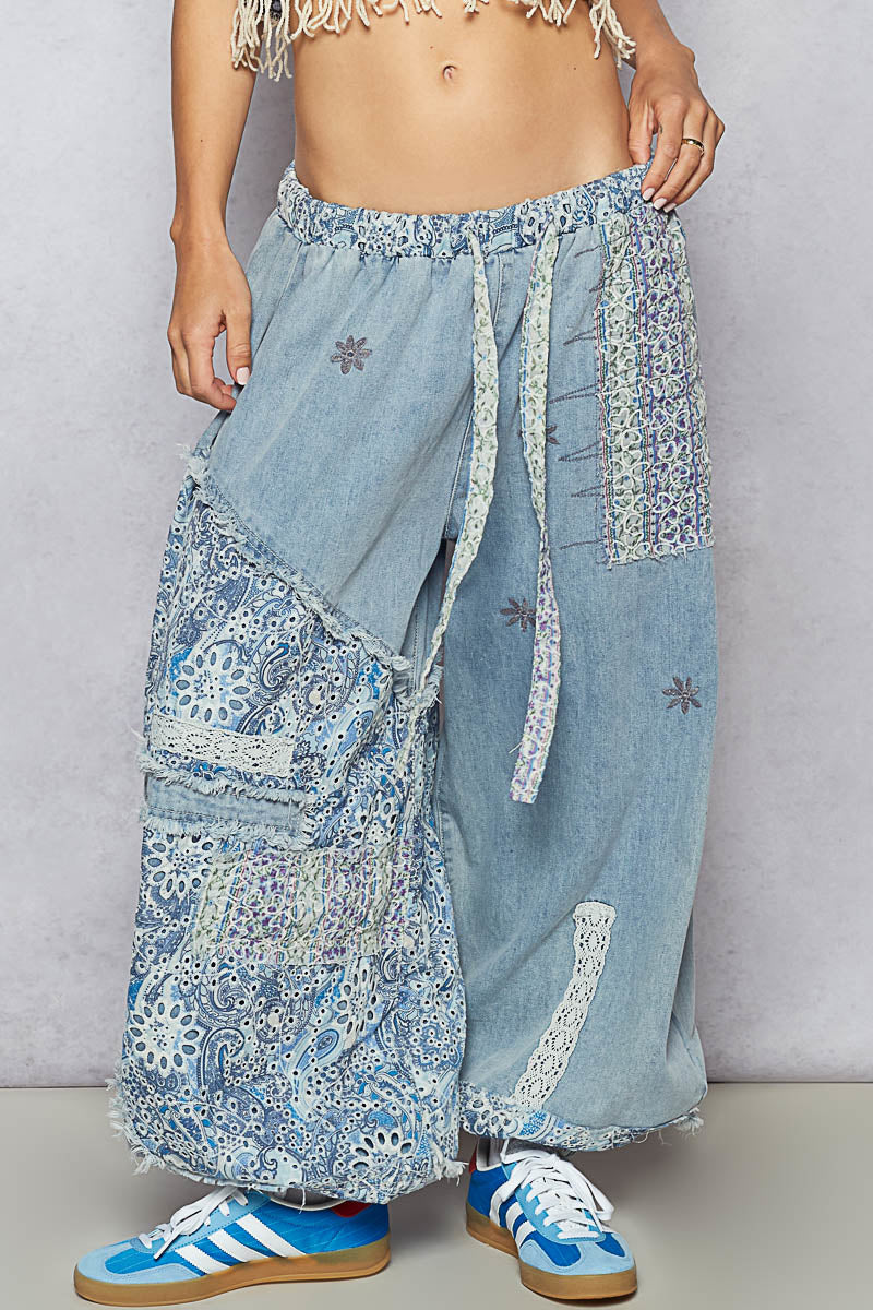 POL Denim Patchwork Joggers - front view