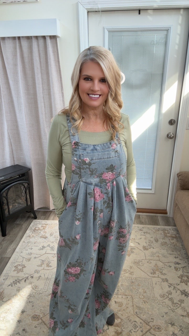 Floral Denim Overalls