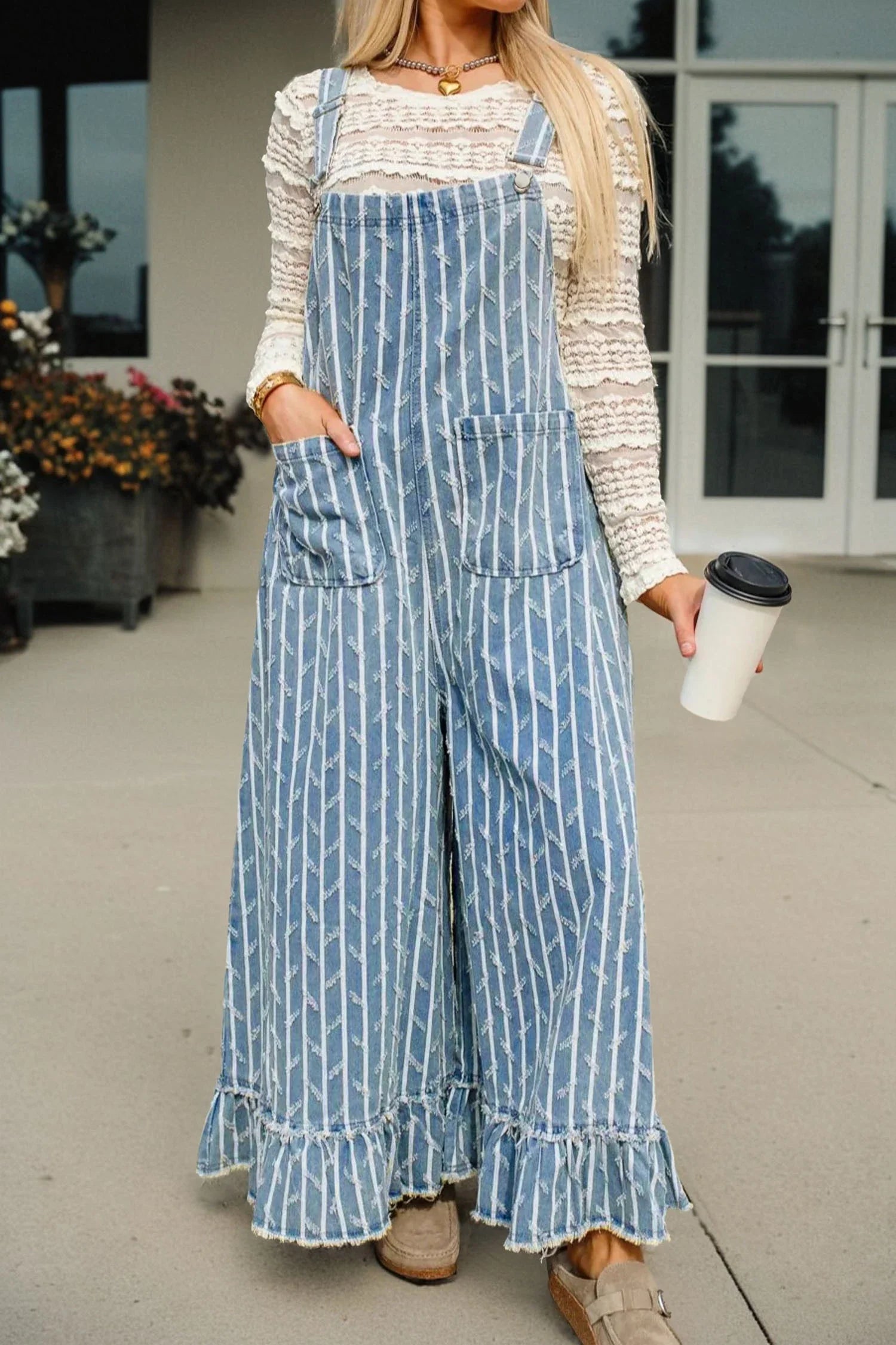 Striped Denim Ruffle Overall