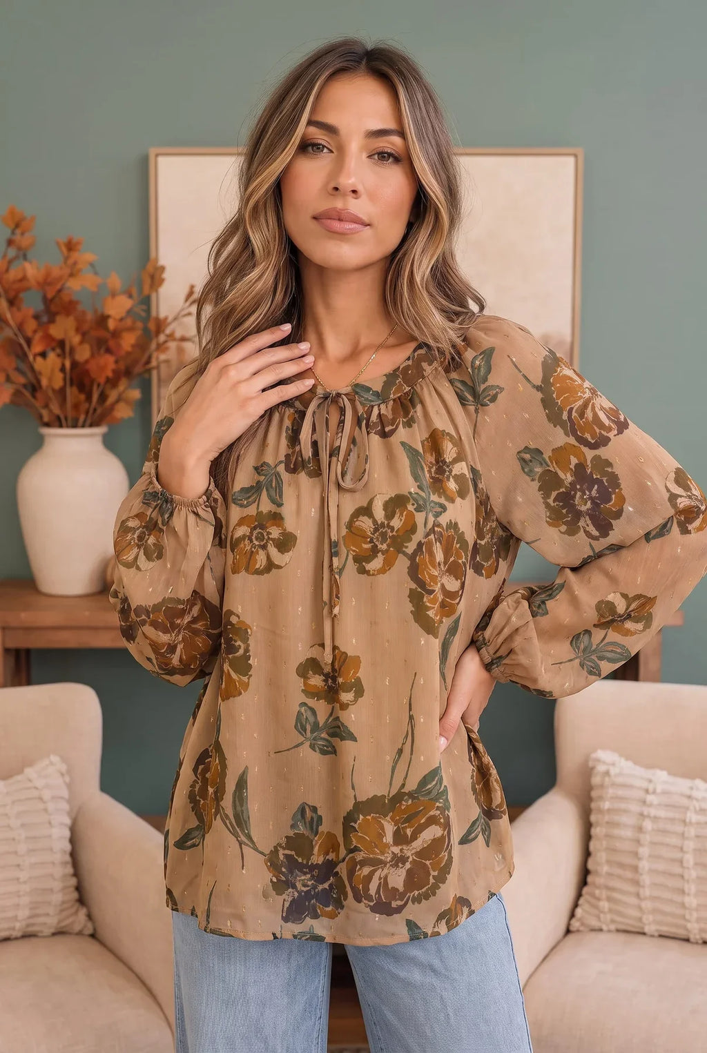 Floral Tie Neck Blouse