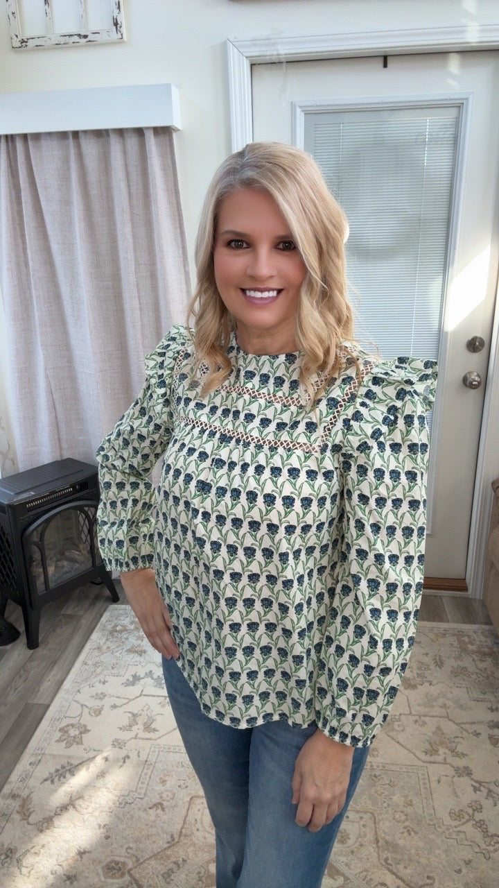 Green & Blue Floral Peasant Blouse