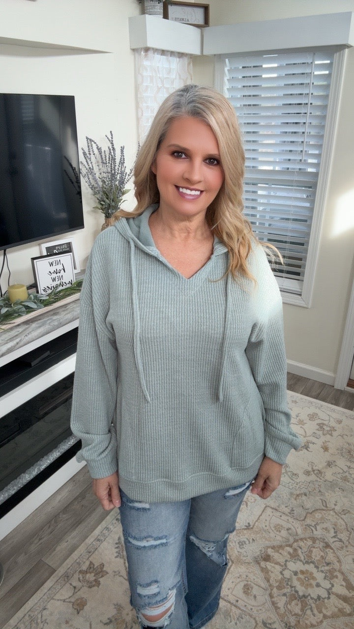 Sage Green Ribbed Hooded Sweater