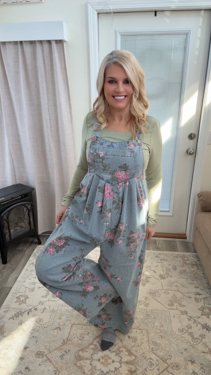 Floral Denim Overalls