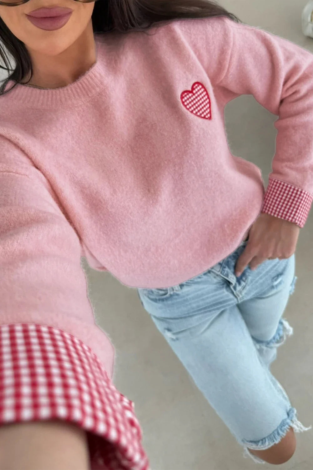 Pink Gingham Heart Sweater