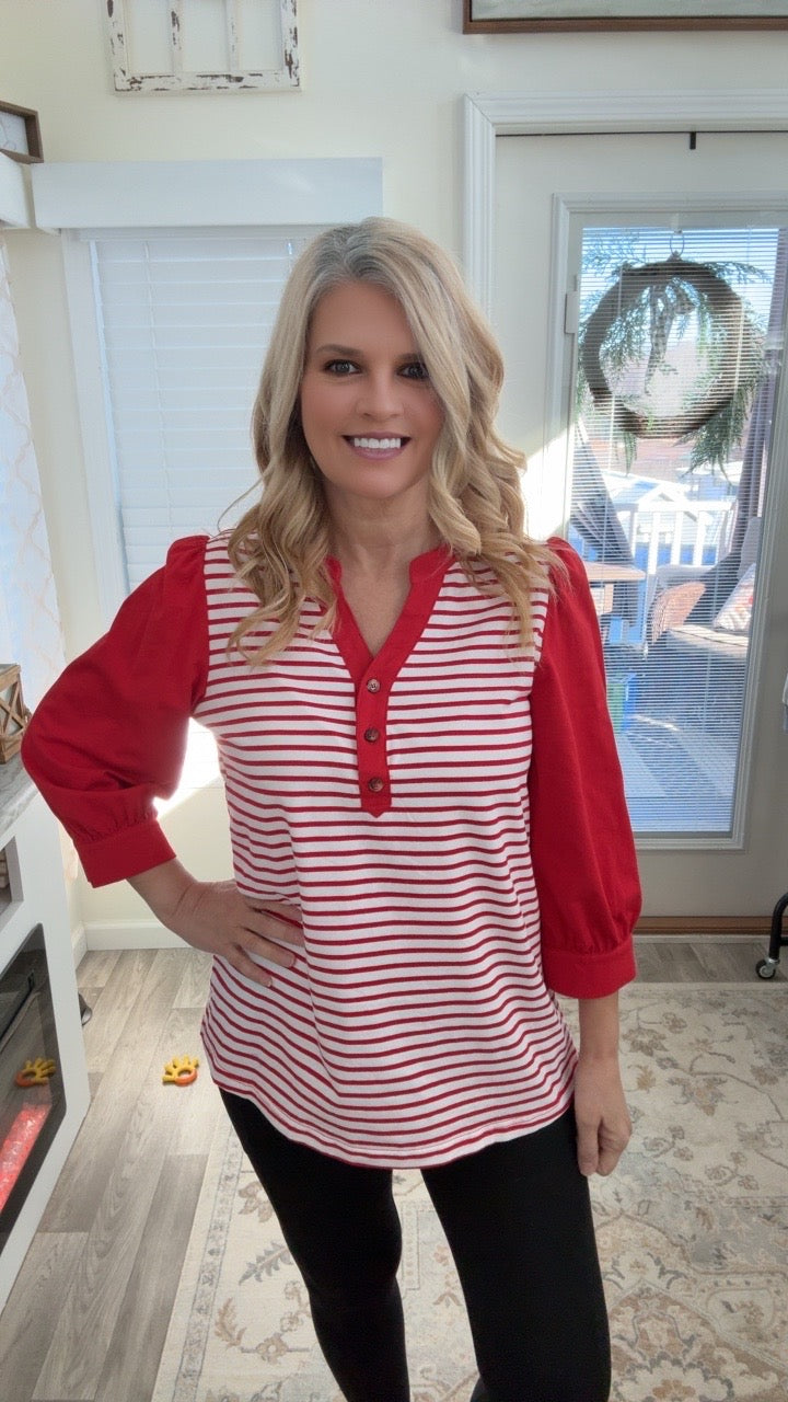 Red Striped Color Block Top