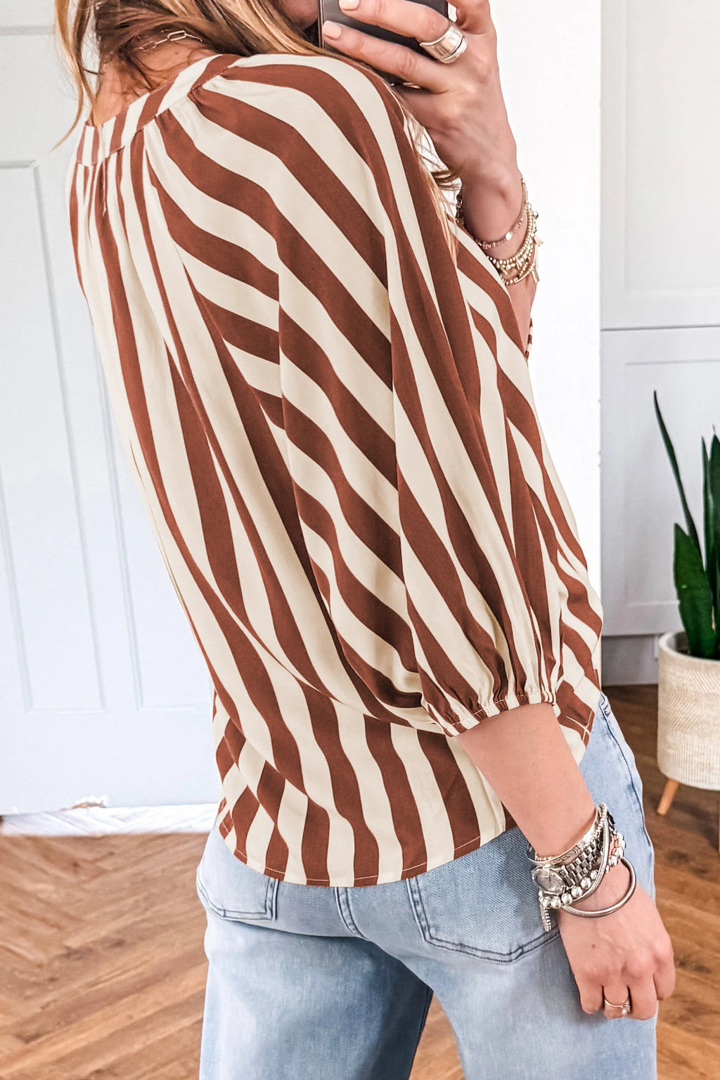 Cocoa Stripe V-Neck Puff Sleeve Blouse