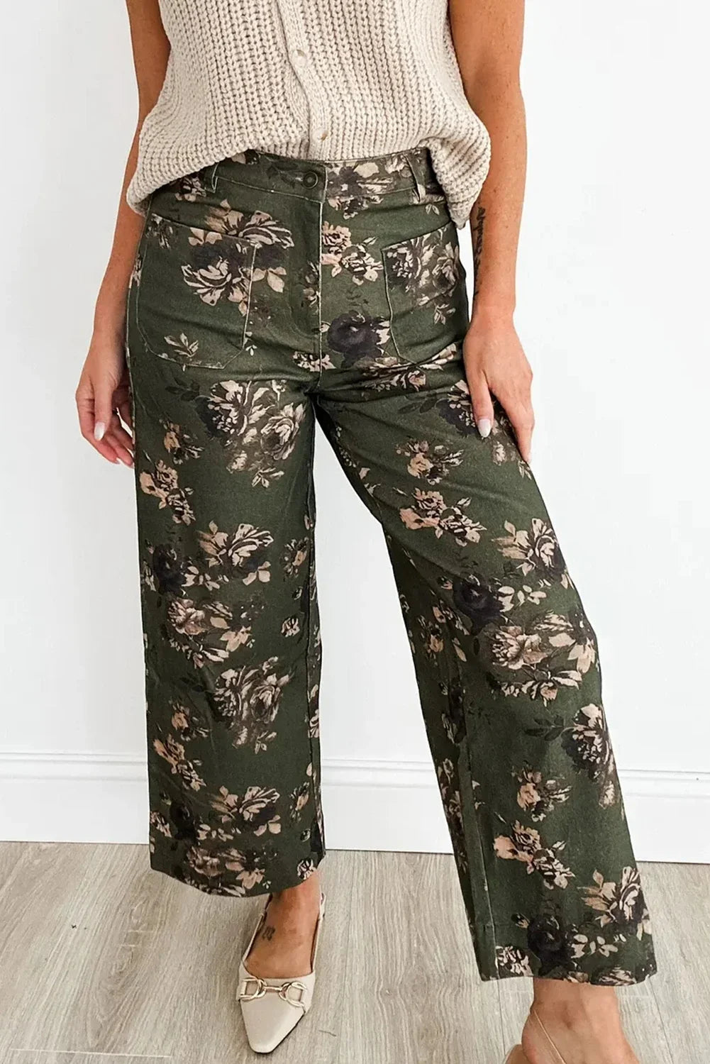 Olive Green Floral Wide-Leg Pants