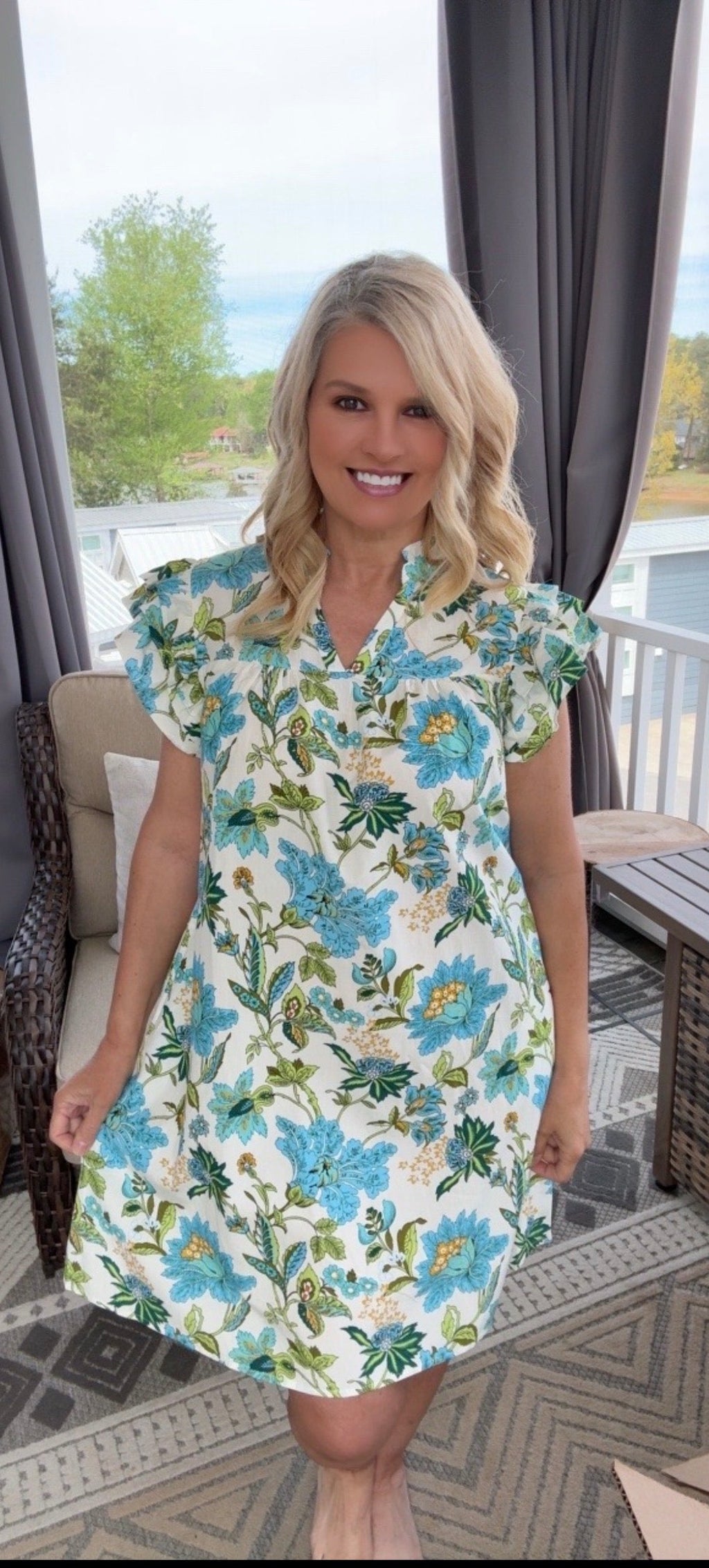 Azure Garden Floral Ruffle Dress