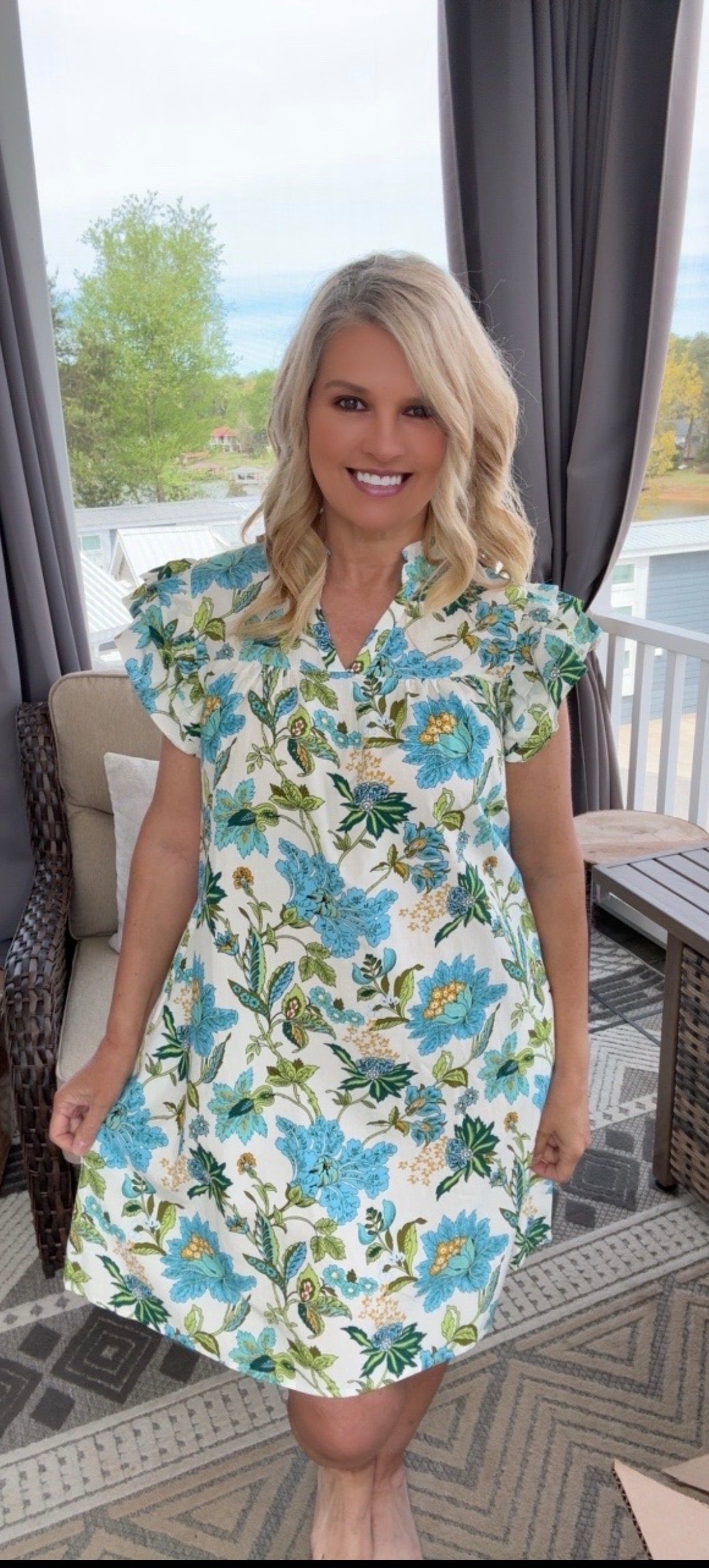 Azure Garden Floral Ruffle Dress