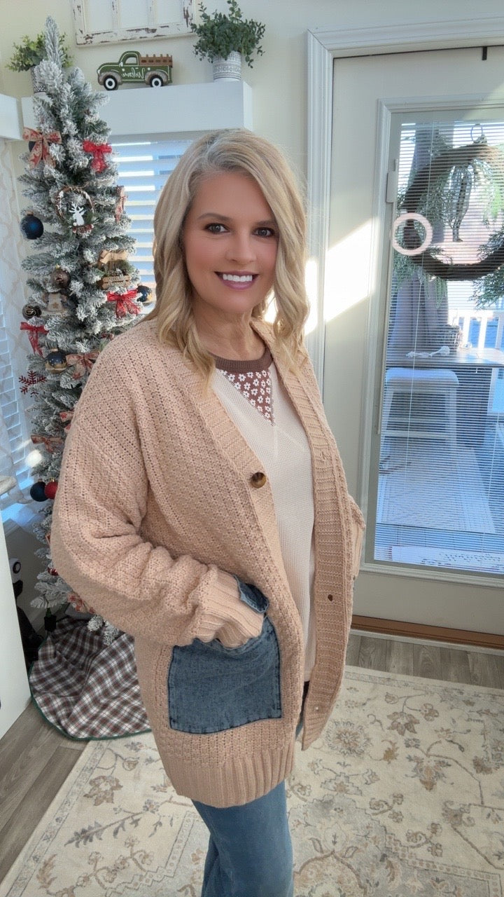 Denim Pocket Textured Knit Cardigan