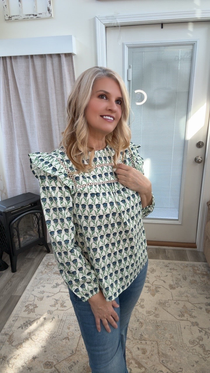 Green & Blue Floral Peasant Blouse
