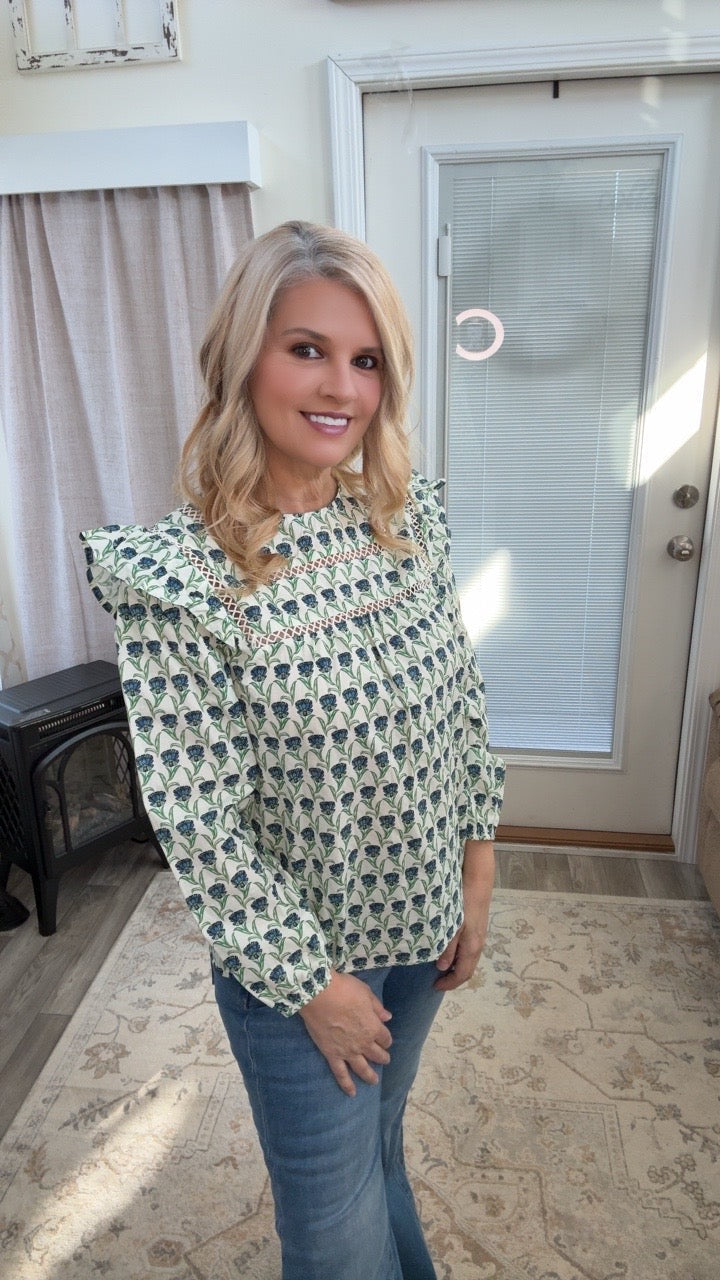 Green & Blue Floral Peasant Blouse