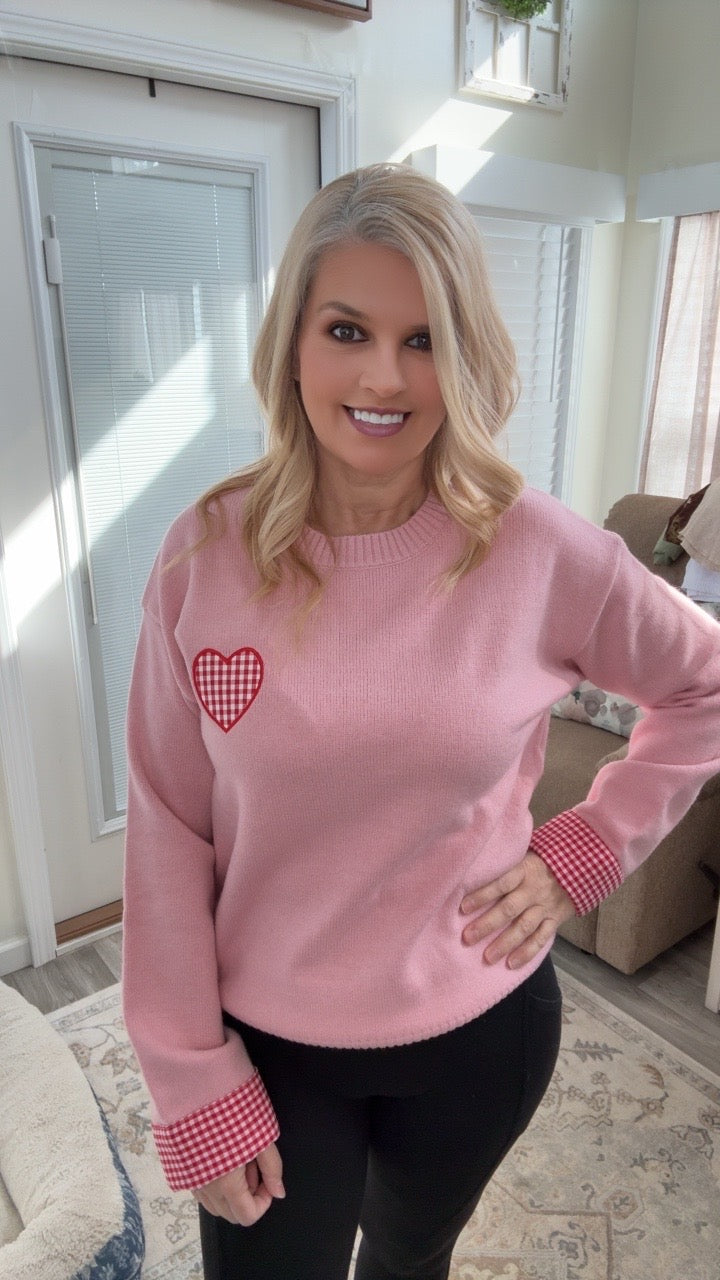 Pink Gingham Heart Sweater