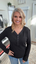 Black Button V Neck Thermal Top