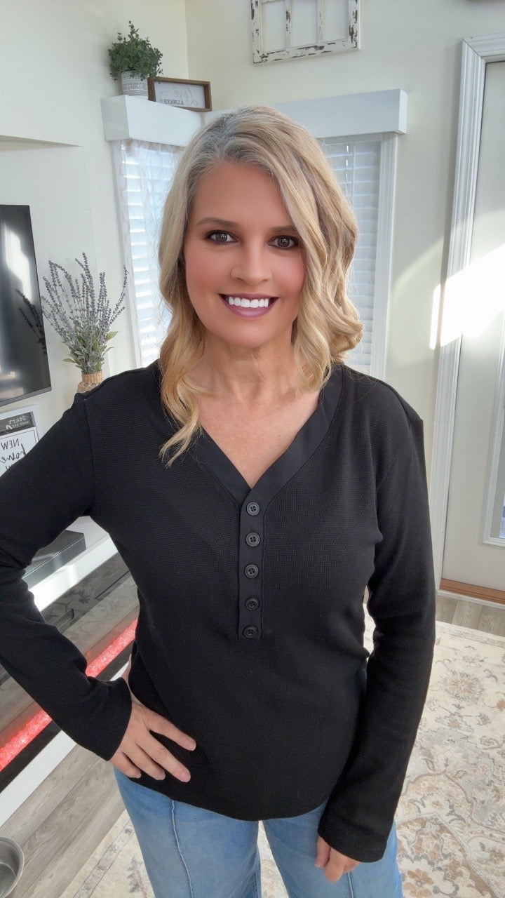 Black Button V Neck Thermal Top