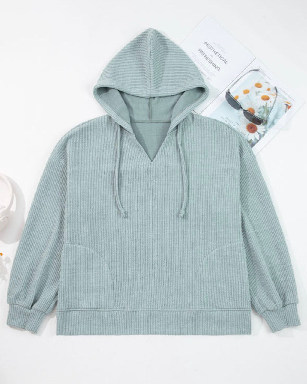 Sage Green Ribbed Hooded Sweater