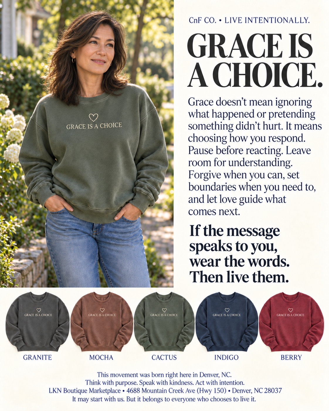 A promotional apparel graphic featuring a woman outdoors wearing an olive green sweatshirt with the printed phrase 'GRACE IS A CHOICE.' and small heart icon.
