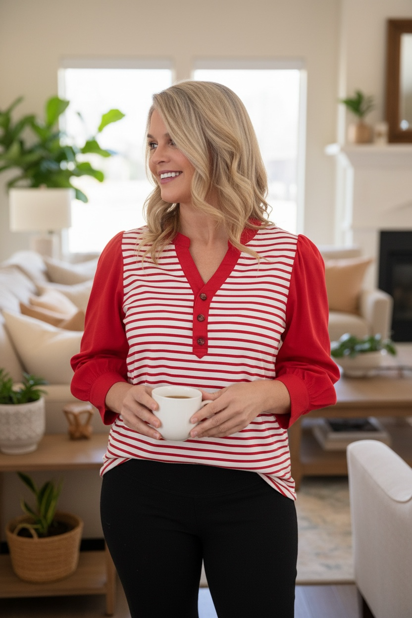 Red Striped Color Block Top