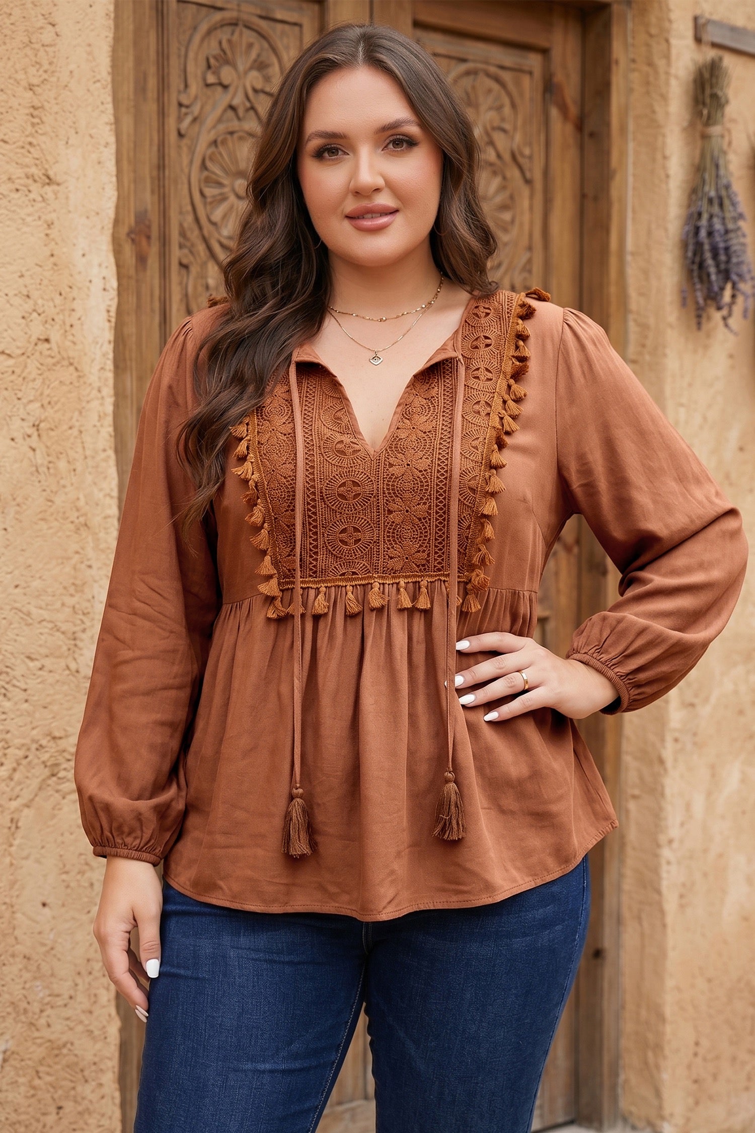 Chestnut Boho V Neck Top