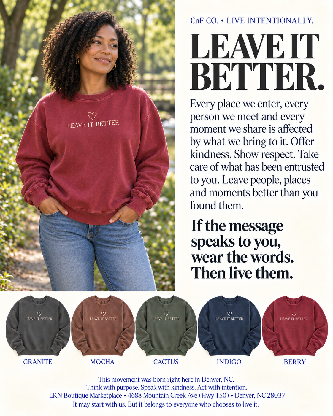 A promotional apparel graphic featuring a woman outdoors wearing a heathered burgundy T-shirt with the printed phrase 'LEAVE IT BETTER.' and a small heart logo.