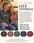 Promotional graphic for Cafo Co. featuring a couple wearing matching dark gray 'LIVE INTENTIONALLY.