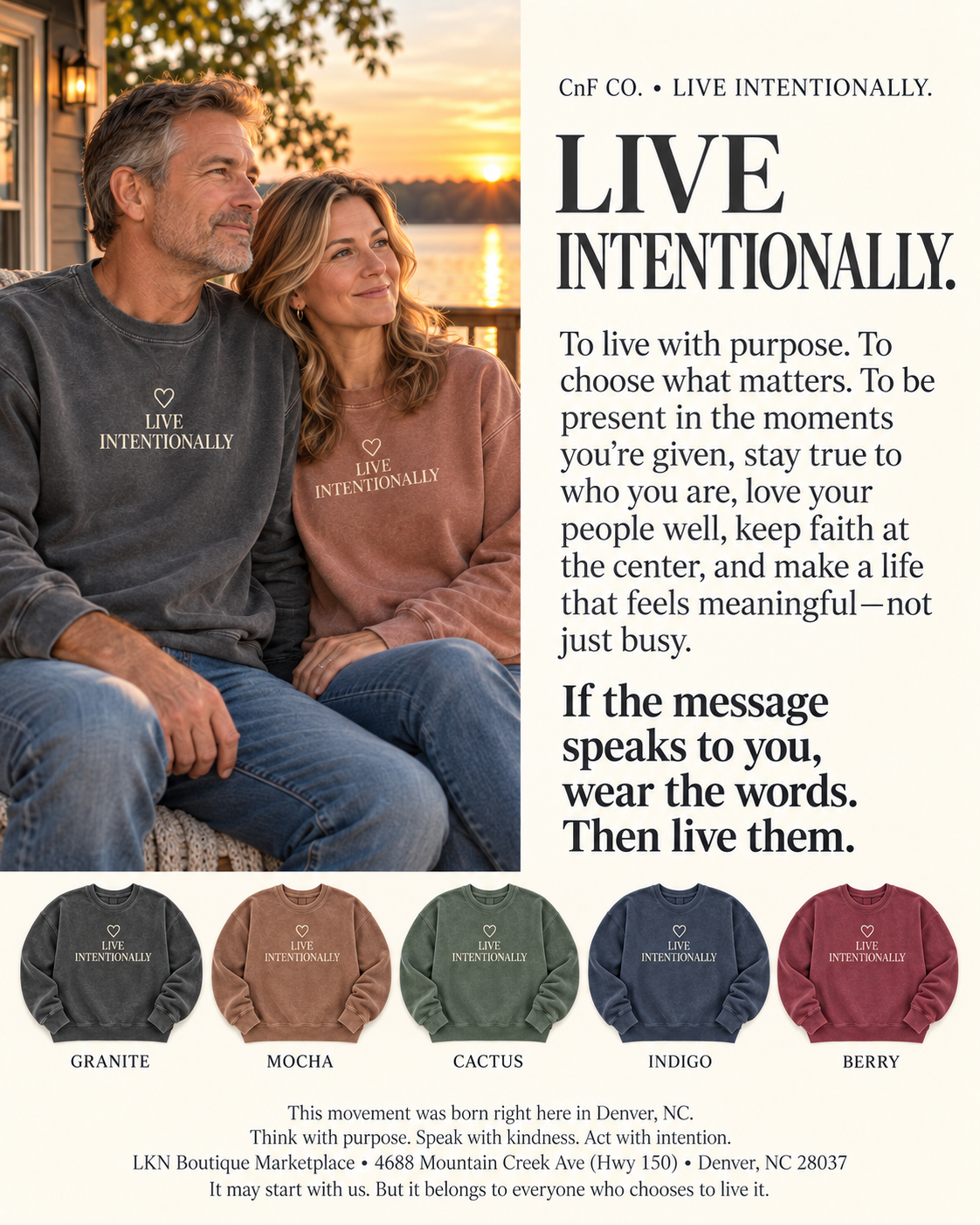 Promotional graphic for Cafo Co. featuring a couple wearing matching dark gray 'LIVE INTENTIONALLY.