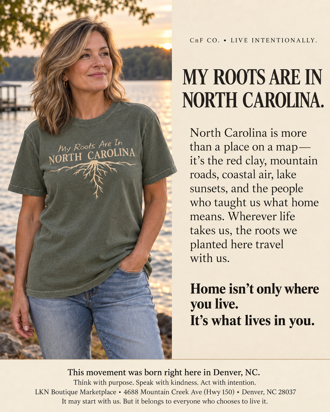 A woman wearing an olive green graphic t-shirt with 'My Roots Are In North Carolina' printed on the front, standing outdoors near a body of water. The image is split into two columns: the left shows the model wearing the shirt, and the right features a beige text block with promotional copy for LKN Boutique.