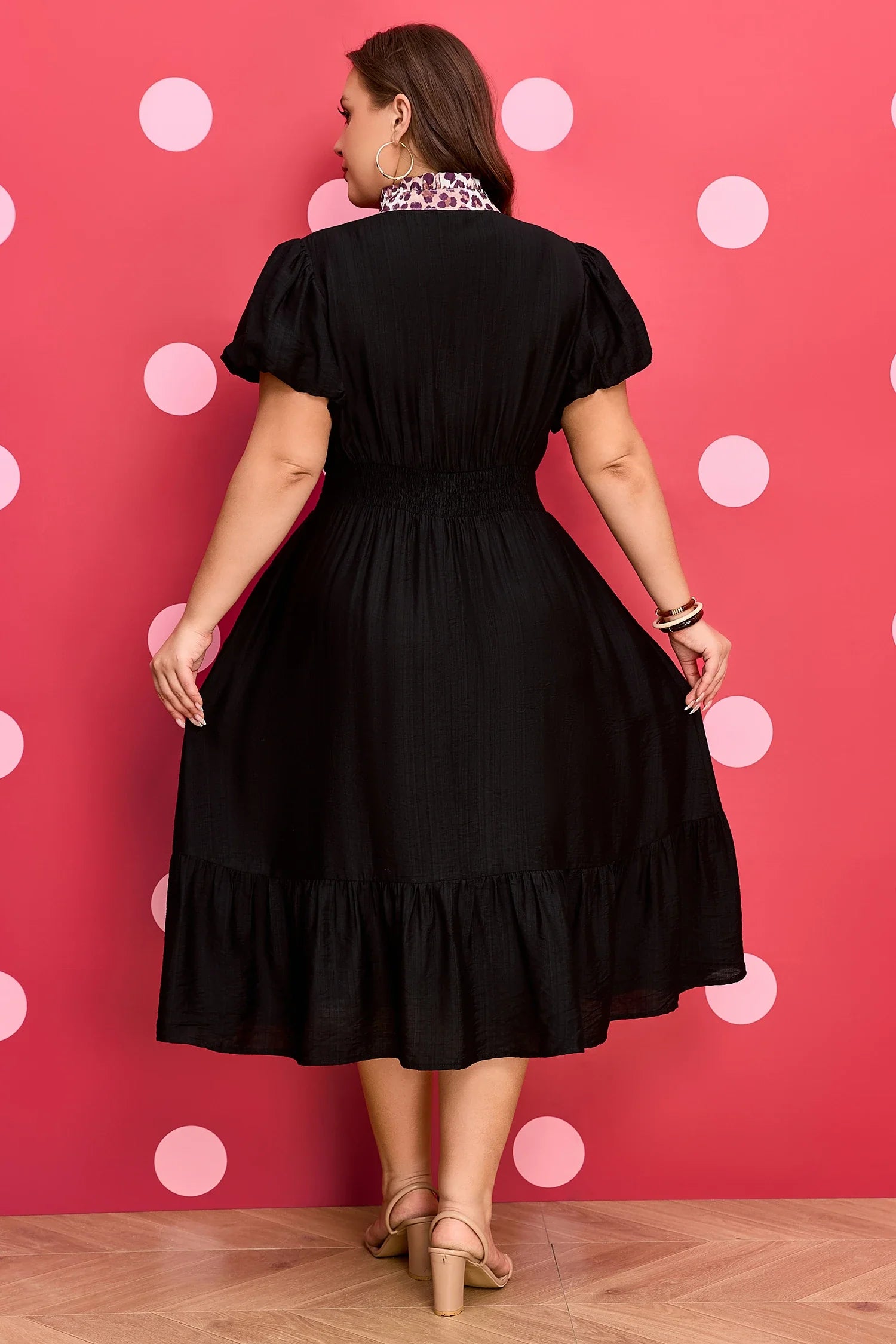 Black leopard trim midi dress back view