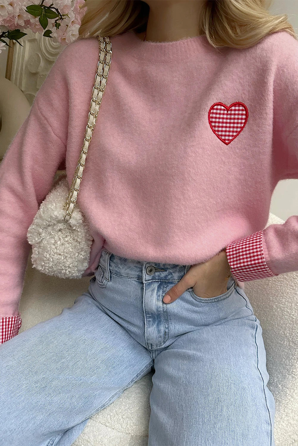 Pink Gingham Heart Sweater