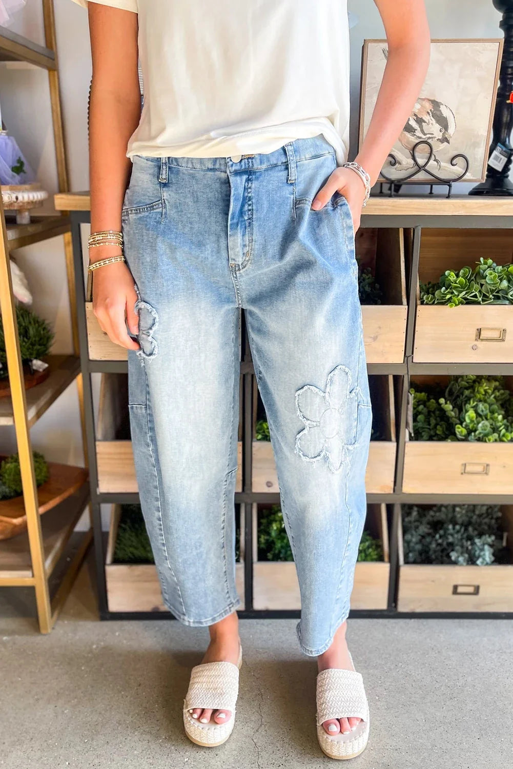 Floral Appliqué Distressed Jeans