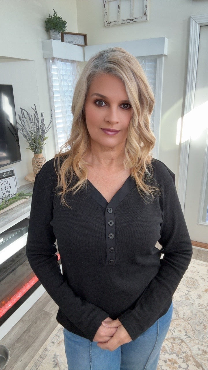 Black Button V Neck Thermal Top