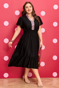 Black leopard trim midi dress front view