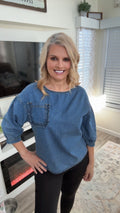 Ruffled Patched Pocket Denim Blouse