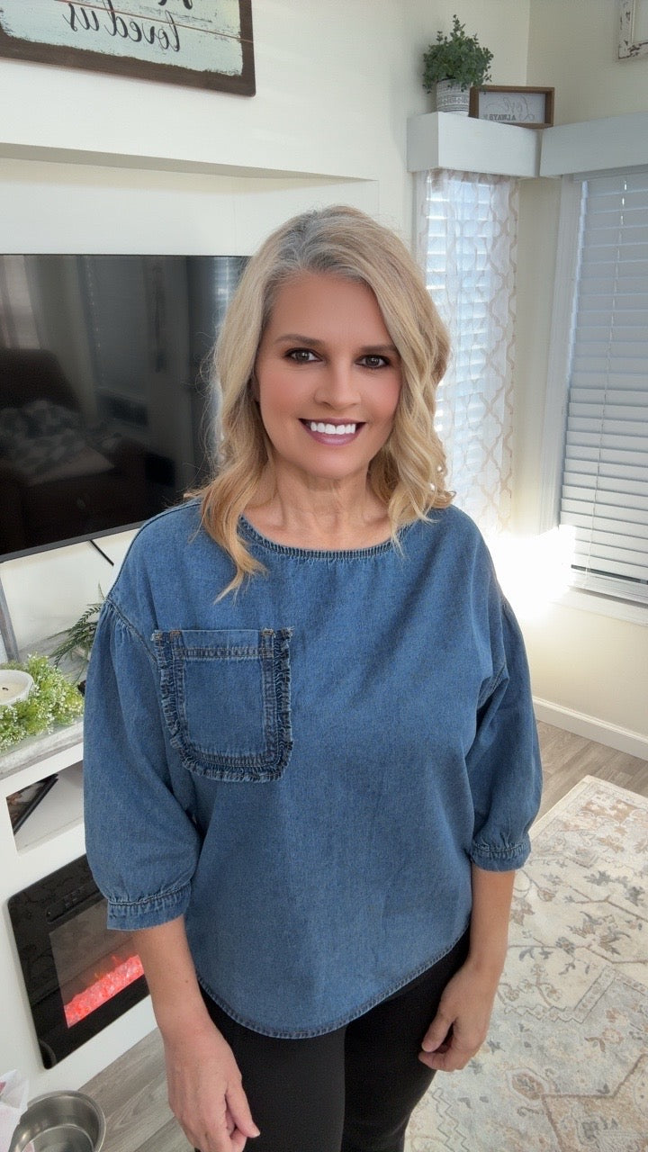 Ruffled Patched Pocket Denim Blouse