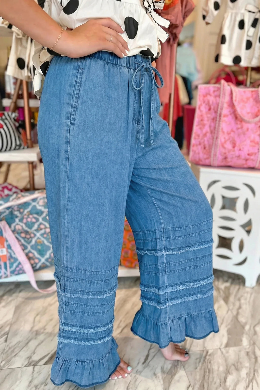 Ruffle & Roll Denim Wide-Leg Pants