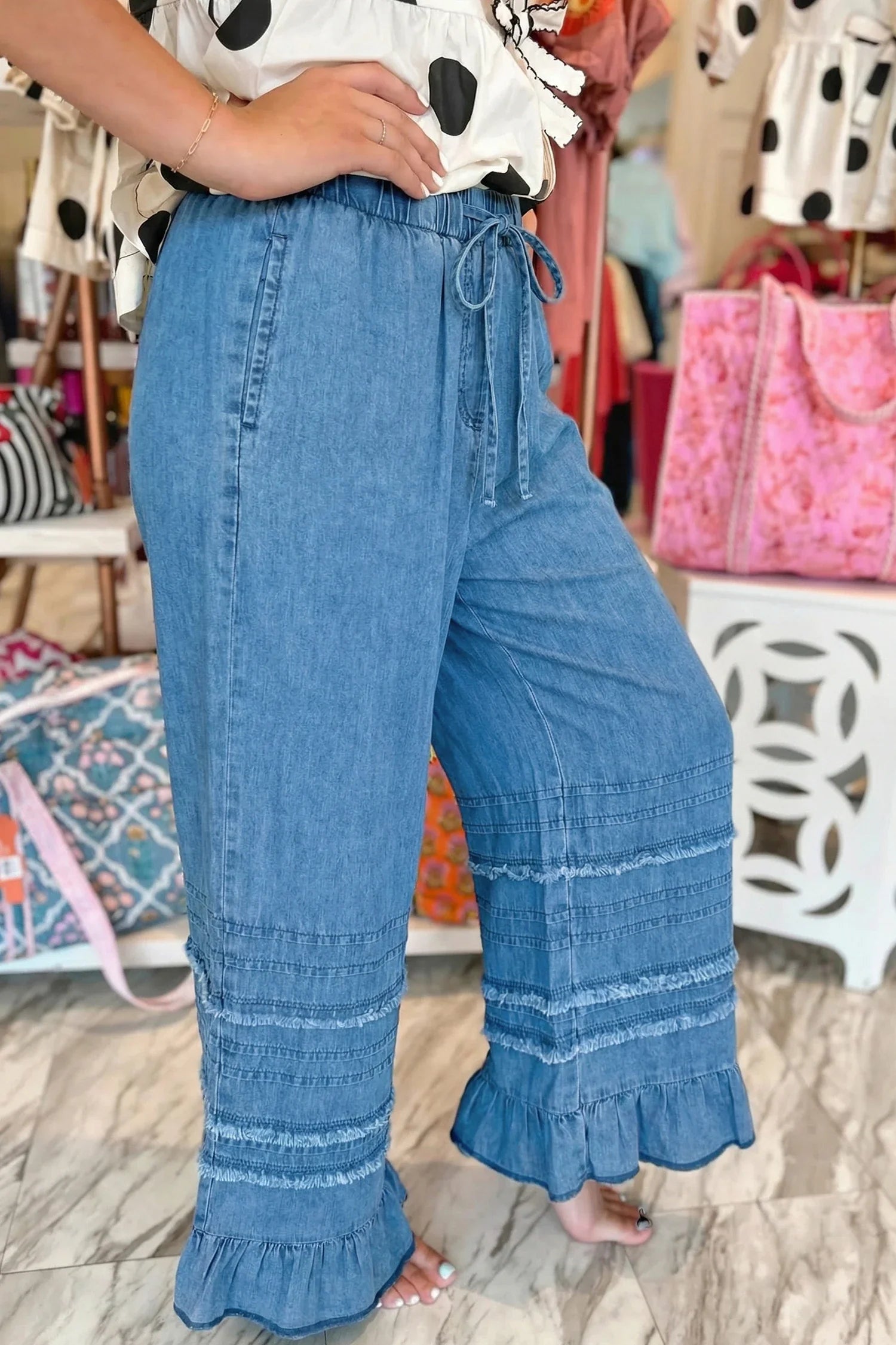 Ruffle & Roll Denim Wide-Leg Pants