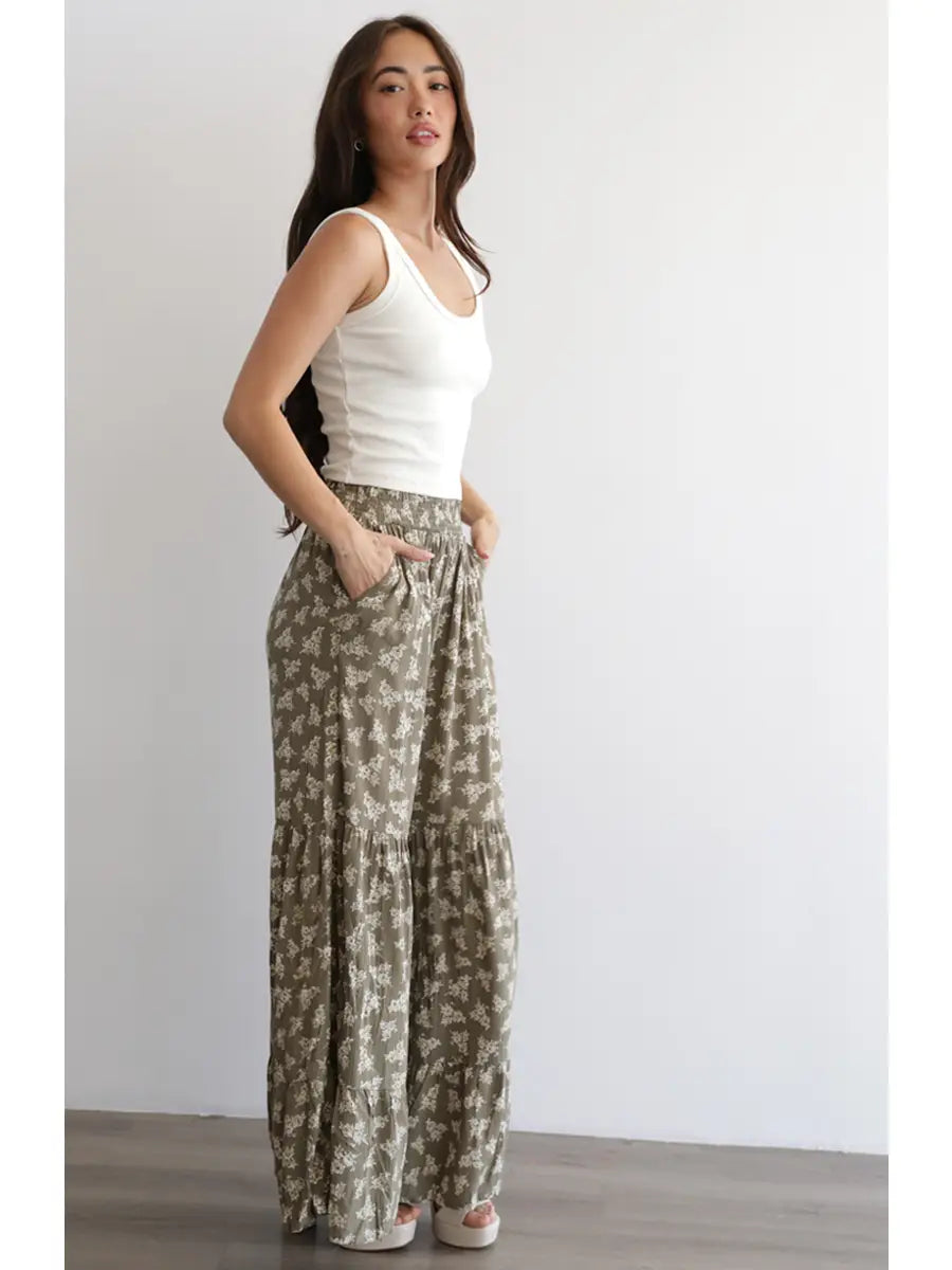 Sage Green Floral Tiered Pants