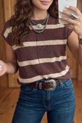 Chocolate brown and cream stripe knit cap sleeve sweater top styled with dark wash jeans, western belt, and layered silver necklaces