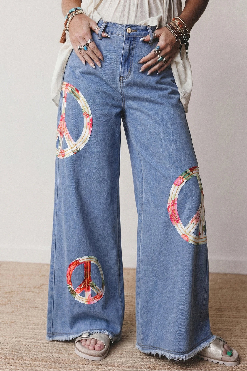 Flower Power Peace Sign Wide Leg Jeans