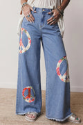 Flower Power Peace Sign Wide Leg Jeans