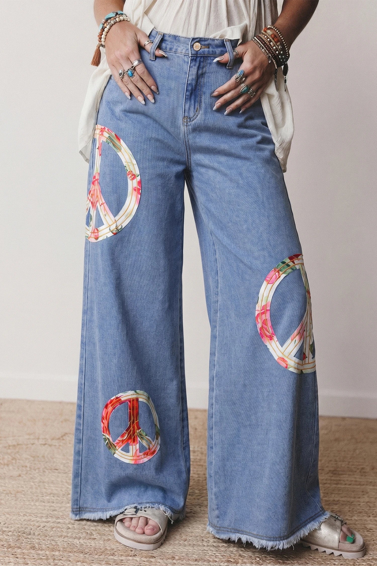Flower Power Peace Sign Wide Leg Jeans